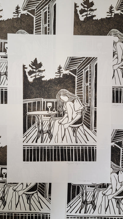 Linogravure originale en édition limitée "Rougeurs d'après-midi" Couleur Sépia