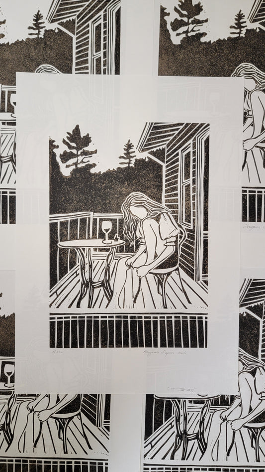 Linogravure originale en édition limitée "Rougeurs d'après-midi" Couleur Sépia