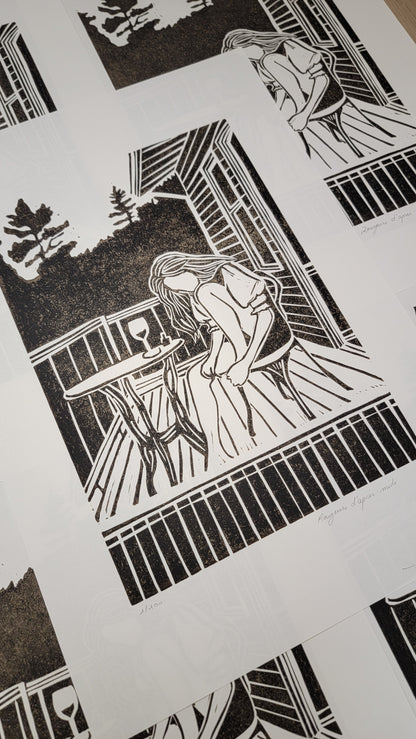 Linogravure originale en édition limitée "Rougeurs d'après-midi" Couleur Sépia