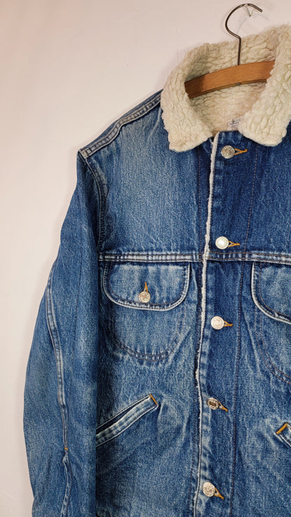Veste en jean upcyclée peinte à la main. "Epure" - Taille L