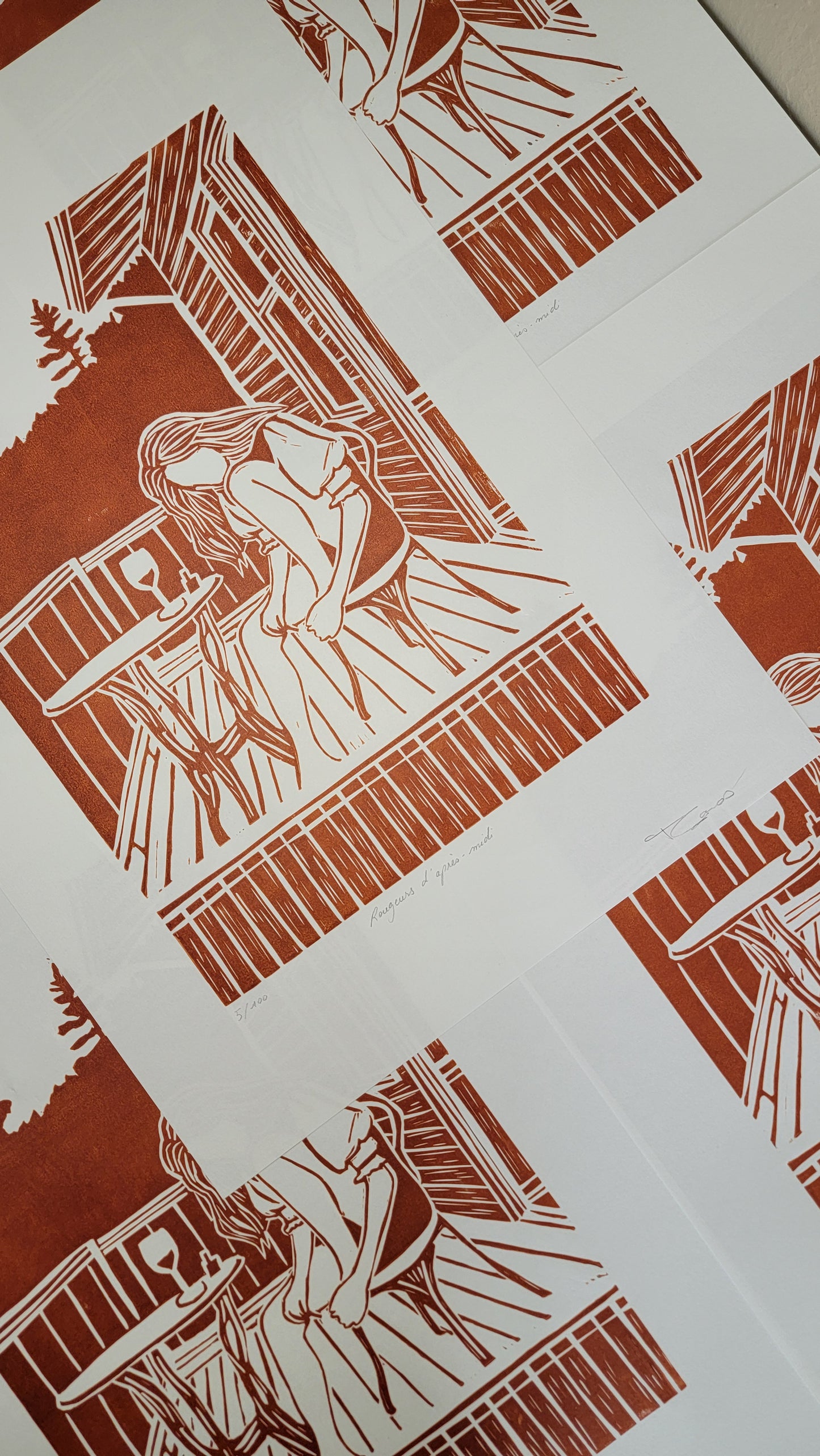 Linogravure originale en édition limitée "Rougeurs d'après-midi" Couleur Sanguine
