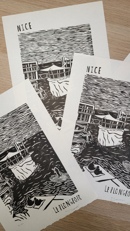 Linogravure originale en édition limitée "Le plongeoir" Couleur Sépia