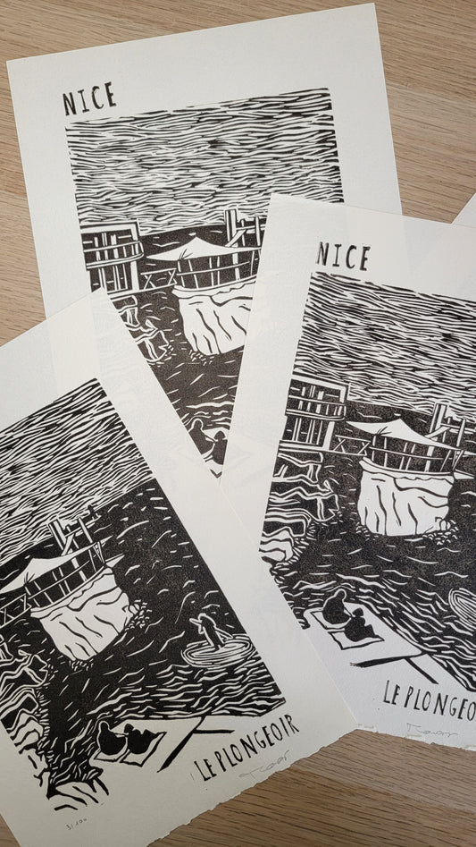 Linogravure originale en édition limitée "Le plongeoir" Couleur Sépia