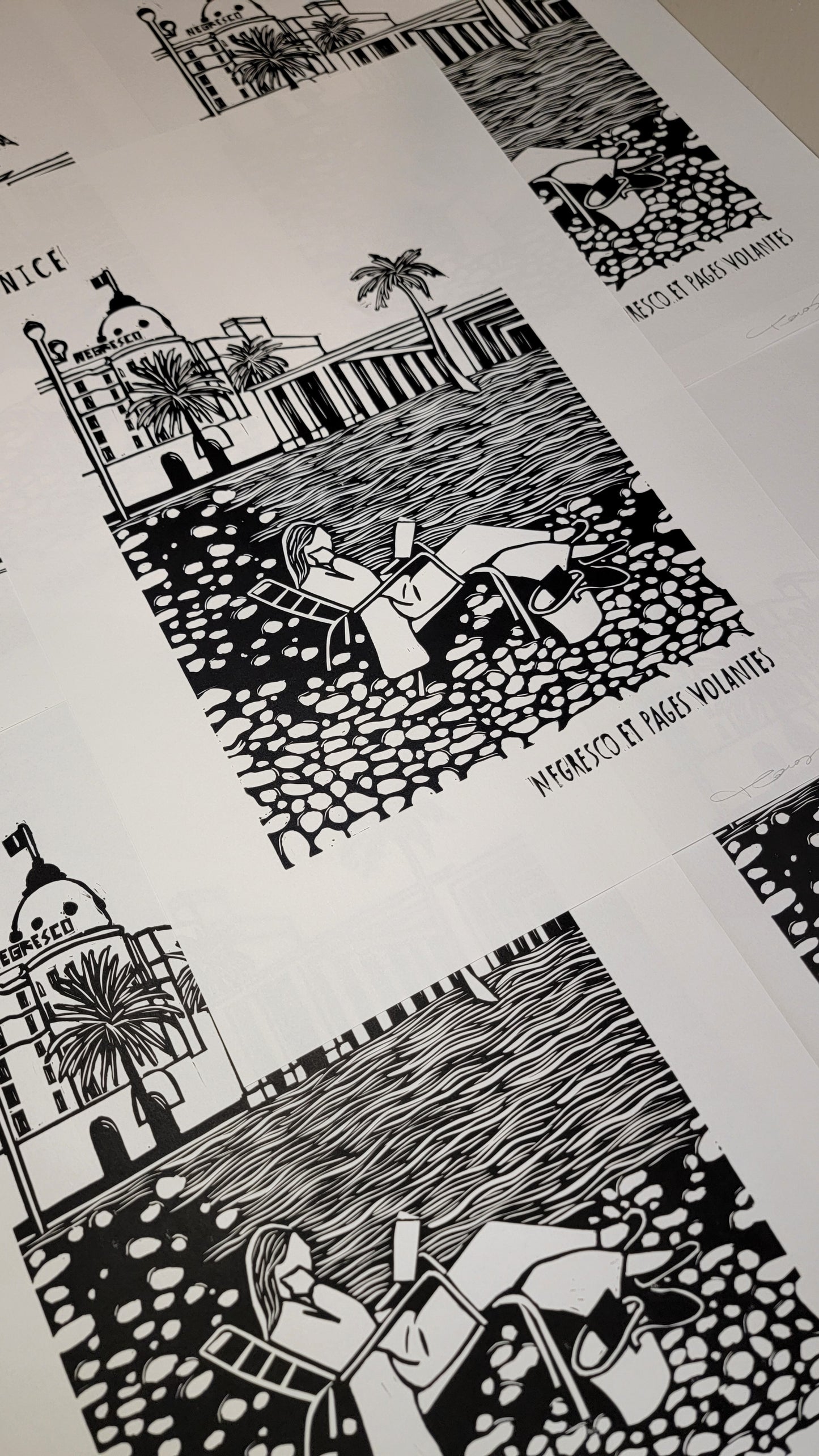 Linogravure originale en édition limitée "Negresco et pages volantes" Couleur Noir de carbone