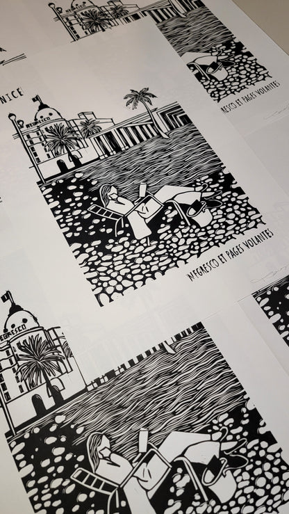 Linogravure originale en édition limitée "Negresco et pages volantes" Couleur Noir de carbone