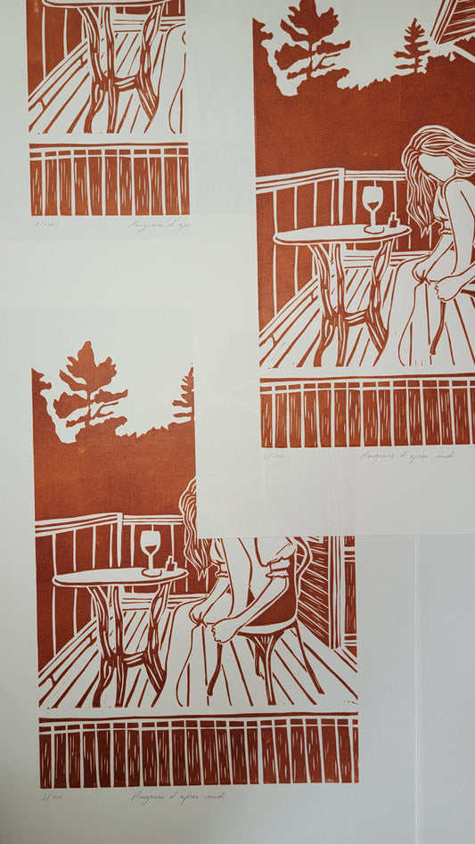 Linogravure originale en édition limitée "Rougeurs d'après-midi" Couleur Sanguine