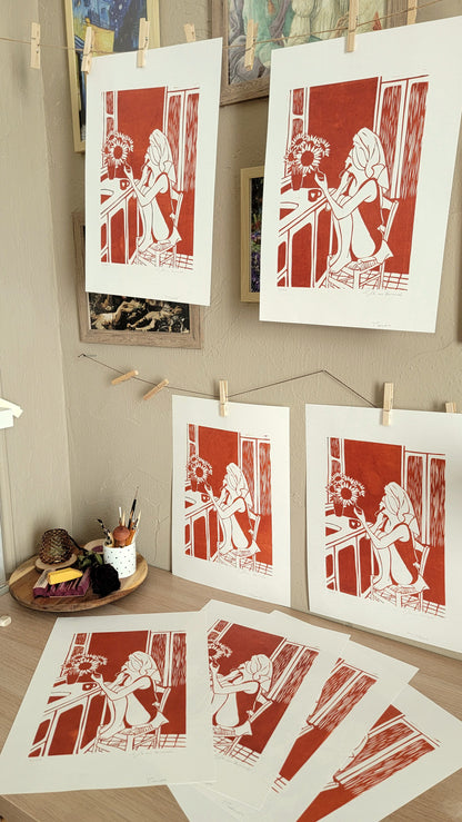 Linogravure originale en édition limitée "La fille aux tournesols" Couleur Sanguine