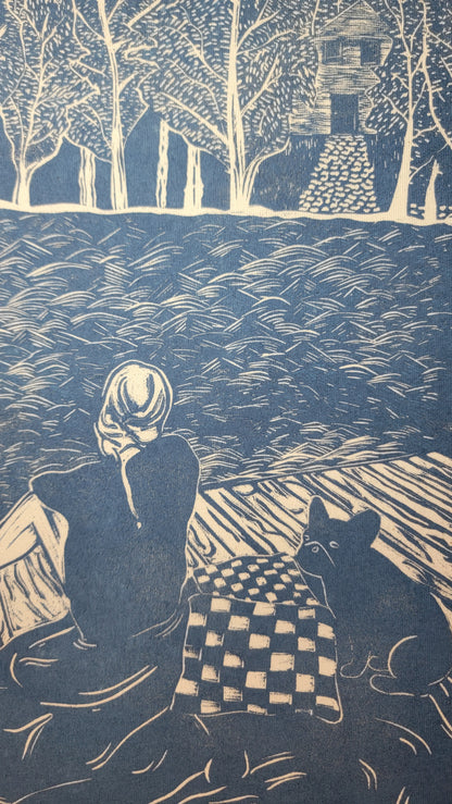 Teeshirt oversize en linogravure - "Ode à la vie" - Couleur Blue midnight - Taille S