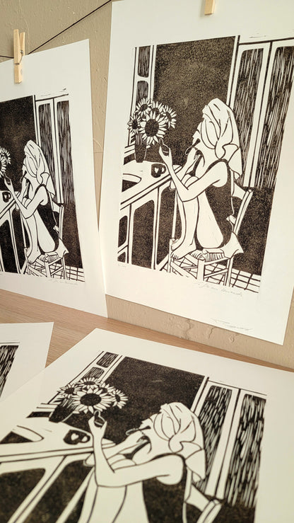 Linogravure originale en édition limitée "La fille aux tournesols" Couleur Sépia