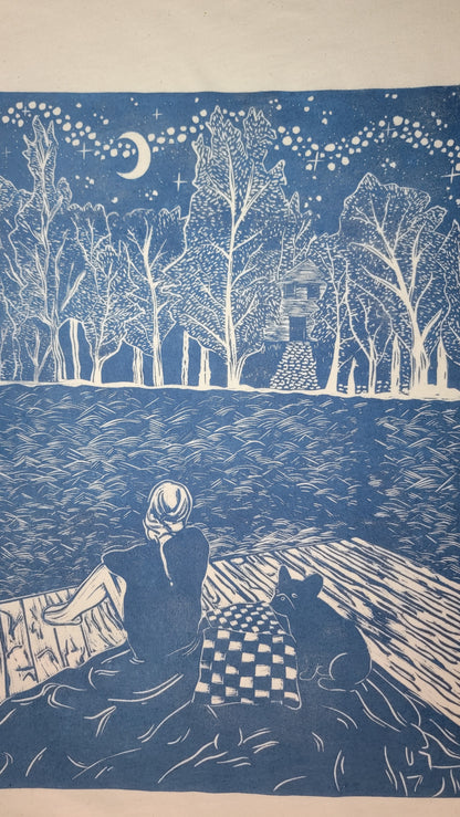 Teeshirt oversize en linogravure - "Ode à la vie" - Couleur Blue midnight - Taille S