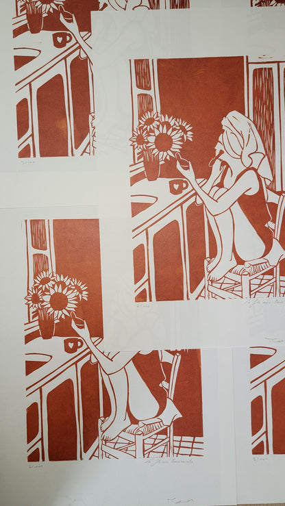 Linogravure originale en édition limitée "La fille aux tournesols" Couleur Sanguine