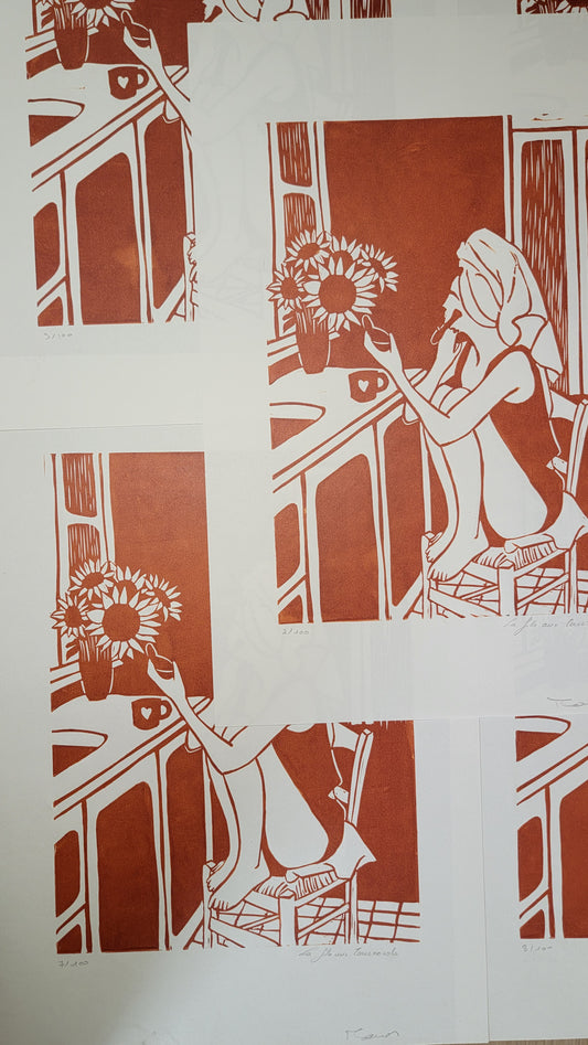 Linogravure originale en édition limitée "La fille aux tournesols" Couleur Sanguine