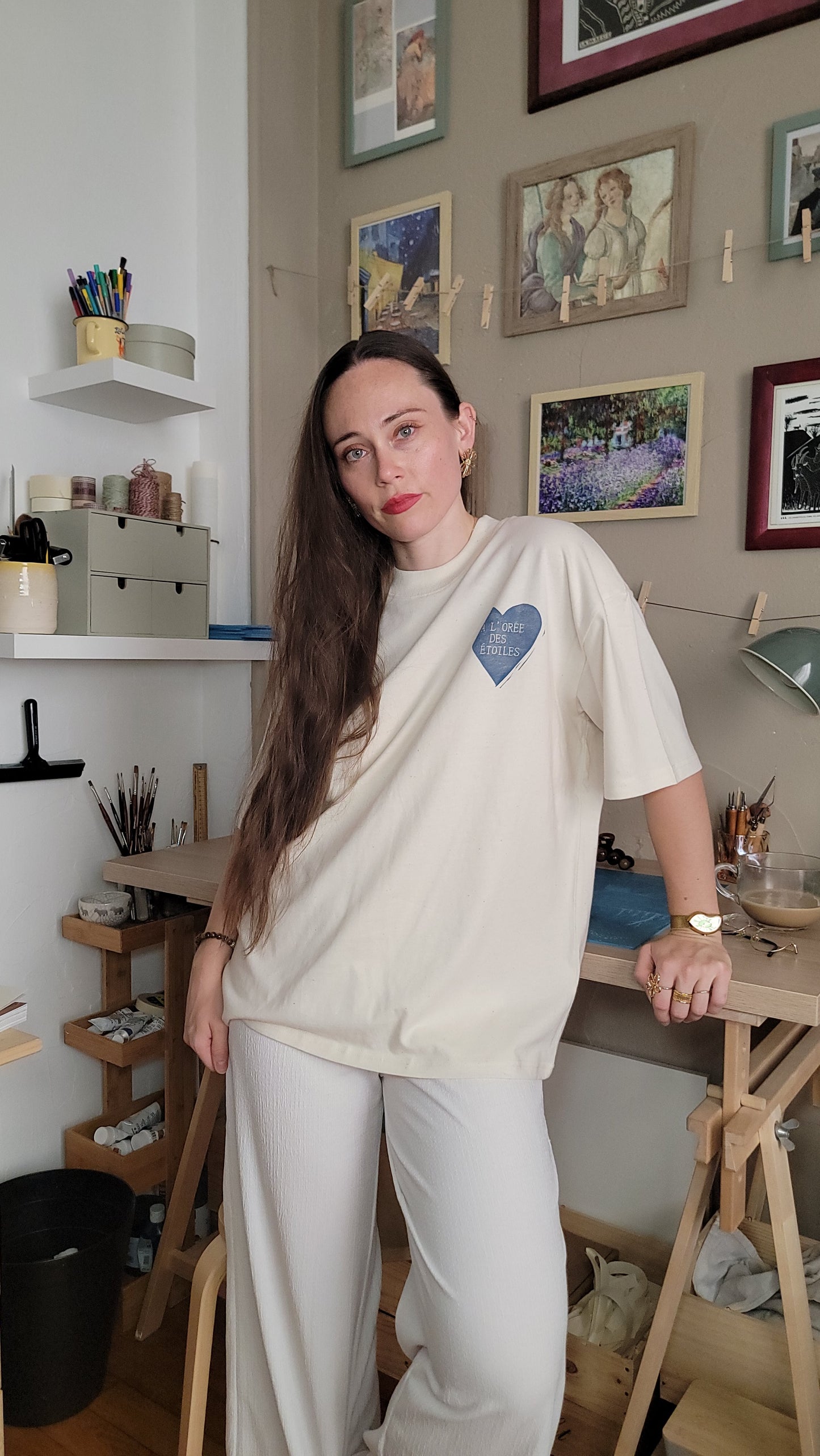 Teeshirt oversize en linogravure - "Ode à la vie" - Couleur Blue midnight - Taille S