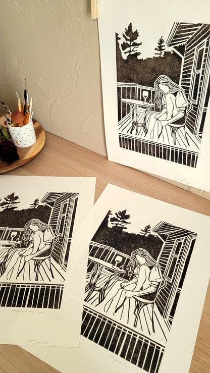 Linogravure originale en édition limitée "Rougeurs d'après-midi" Couleur Sépia