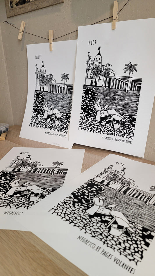 Linogravure originale en édition limitée "Negresco et pages volantes" Couleur Noir de carbone