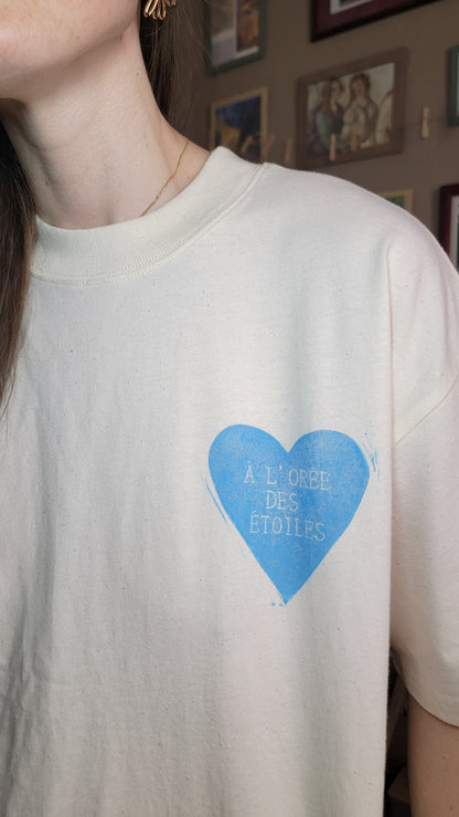 Teeshirt oversize en linogravure - "A l'orée des étoiles" - Couleur bleu clair- Taille XS