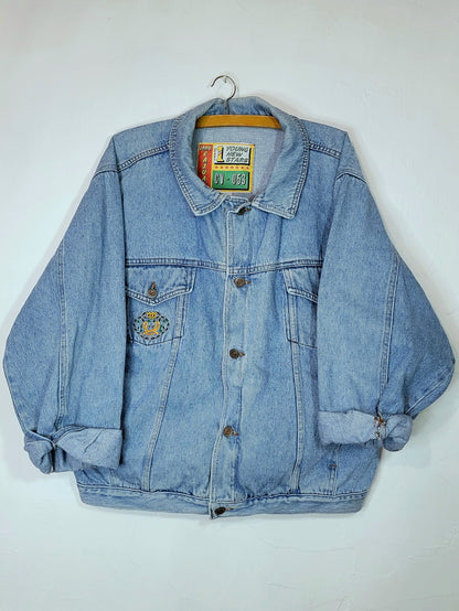 Veste en jean upcyclée peinte à la main. "Le parfum du coeur" - Taille : L (coupe oversize)