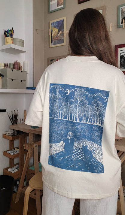 Teeshirt oversize en linogravure - "Ode à la vie" - Couleur Blue midnight - Taille S