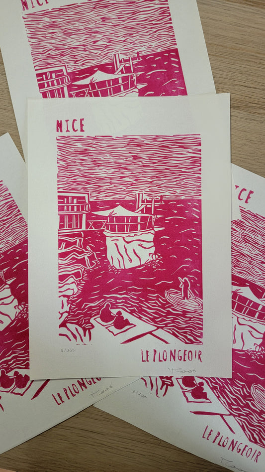 Linogravure originale en édition limitée "Le plongeoir" Couleur Magenta