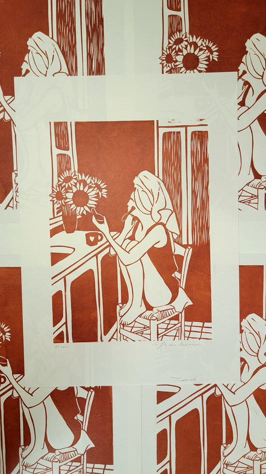 Linogravure originale en édition limitée "La fille aux tournesols" Couleur Sanguine
