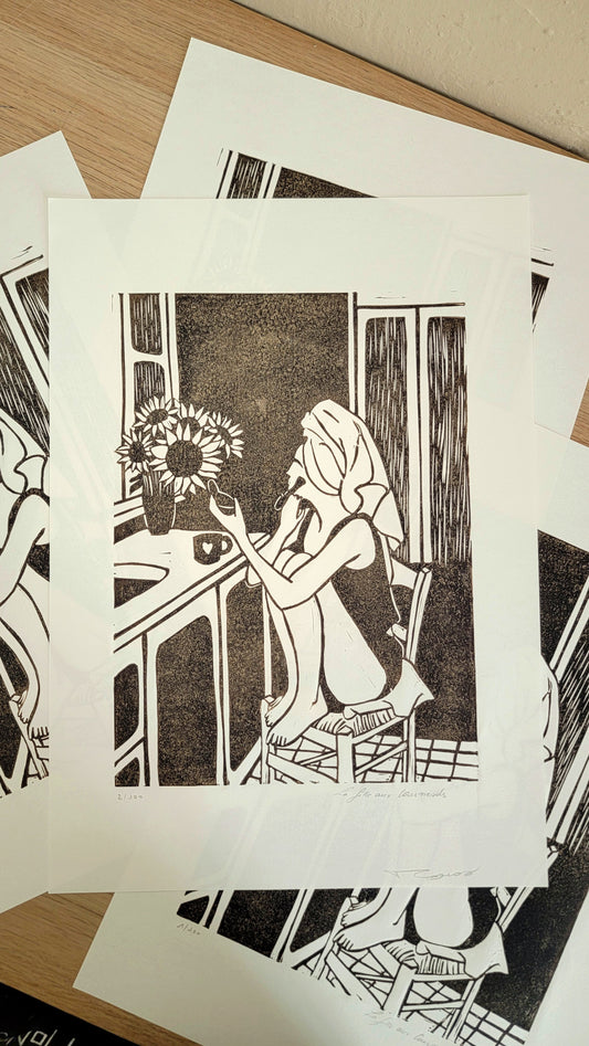 Linogravure originale en édition limitée "La fille aux tournesols" Couleur Sépia