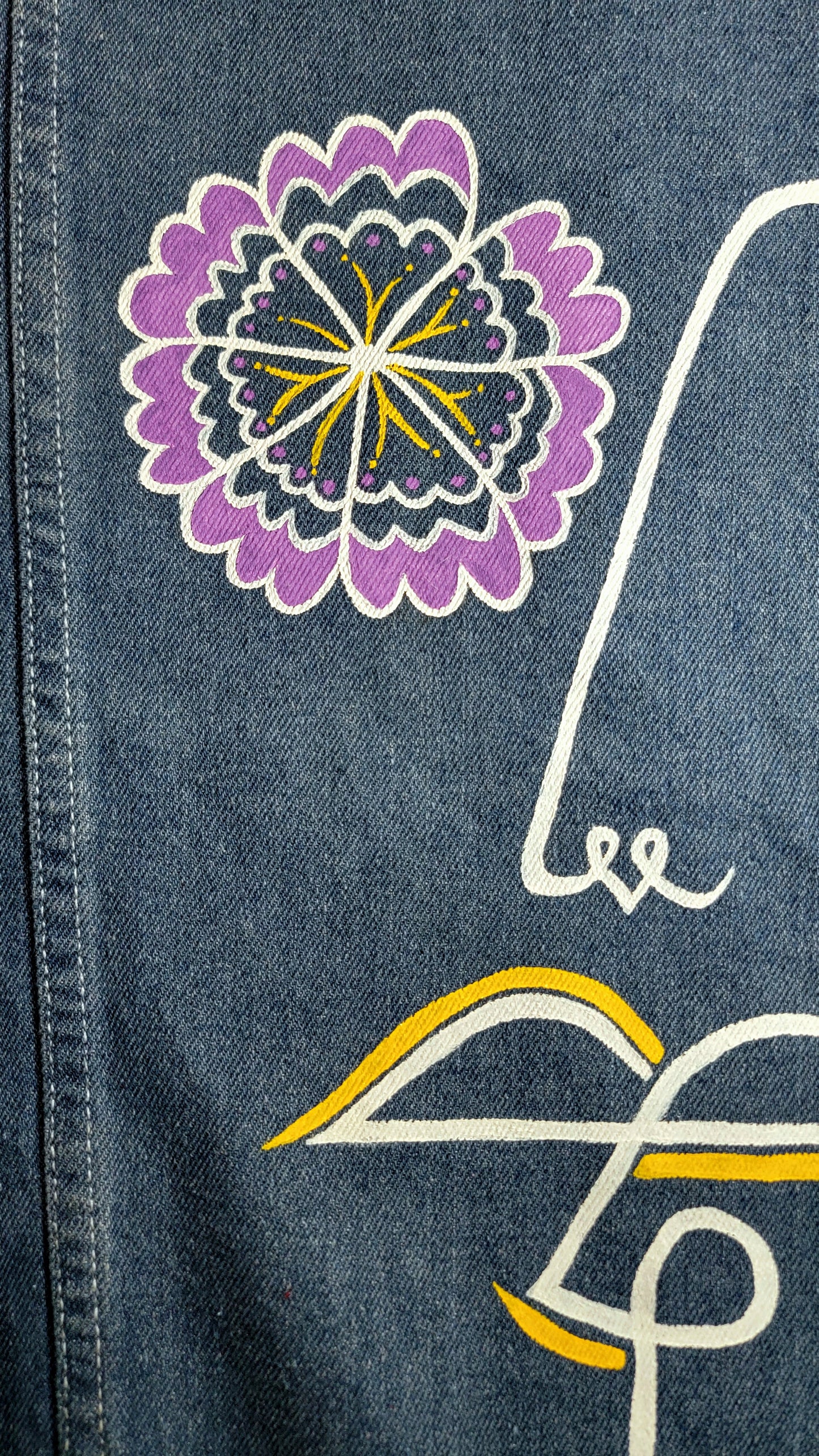 Veste en jean upcyclée peinte à la main, pièce unique, poétique. "Discussions au crépuscule" - Taille 36 S