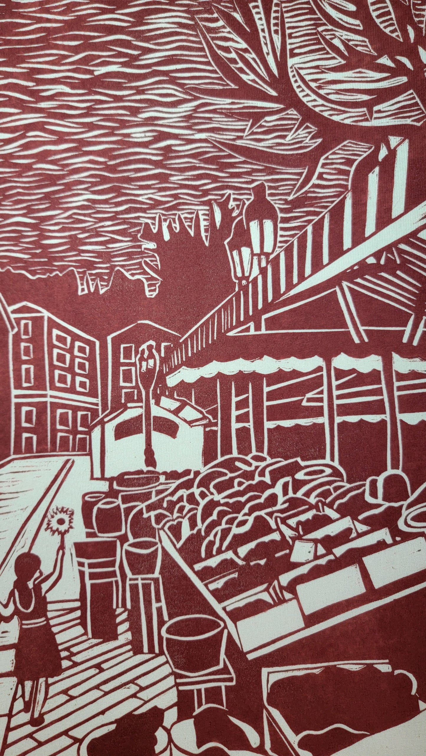 Teeshirt oversize en linogravure - "Au cœur du cours Saleya" - Couleur Rouge brique  - Taille L
