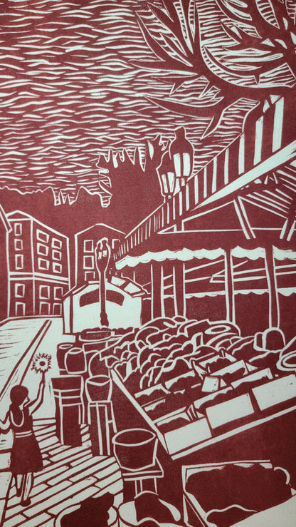 Teeshirt oversize en linogravure - "Au cœur du cours Saleya" - Couleur Rouge brique  - Taille L